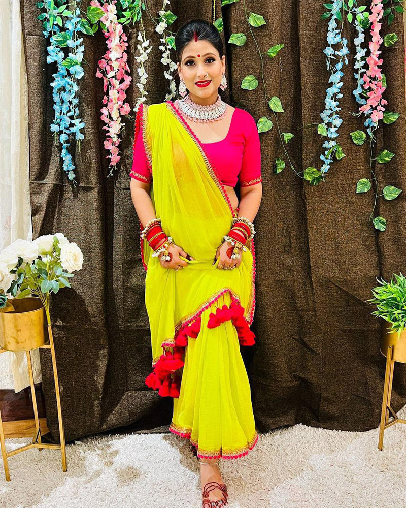 Lime Green Soft Georgette embroidered lace Saree