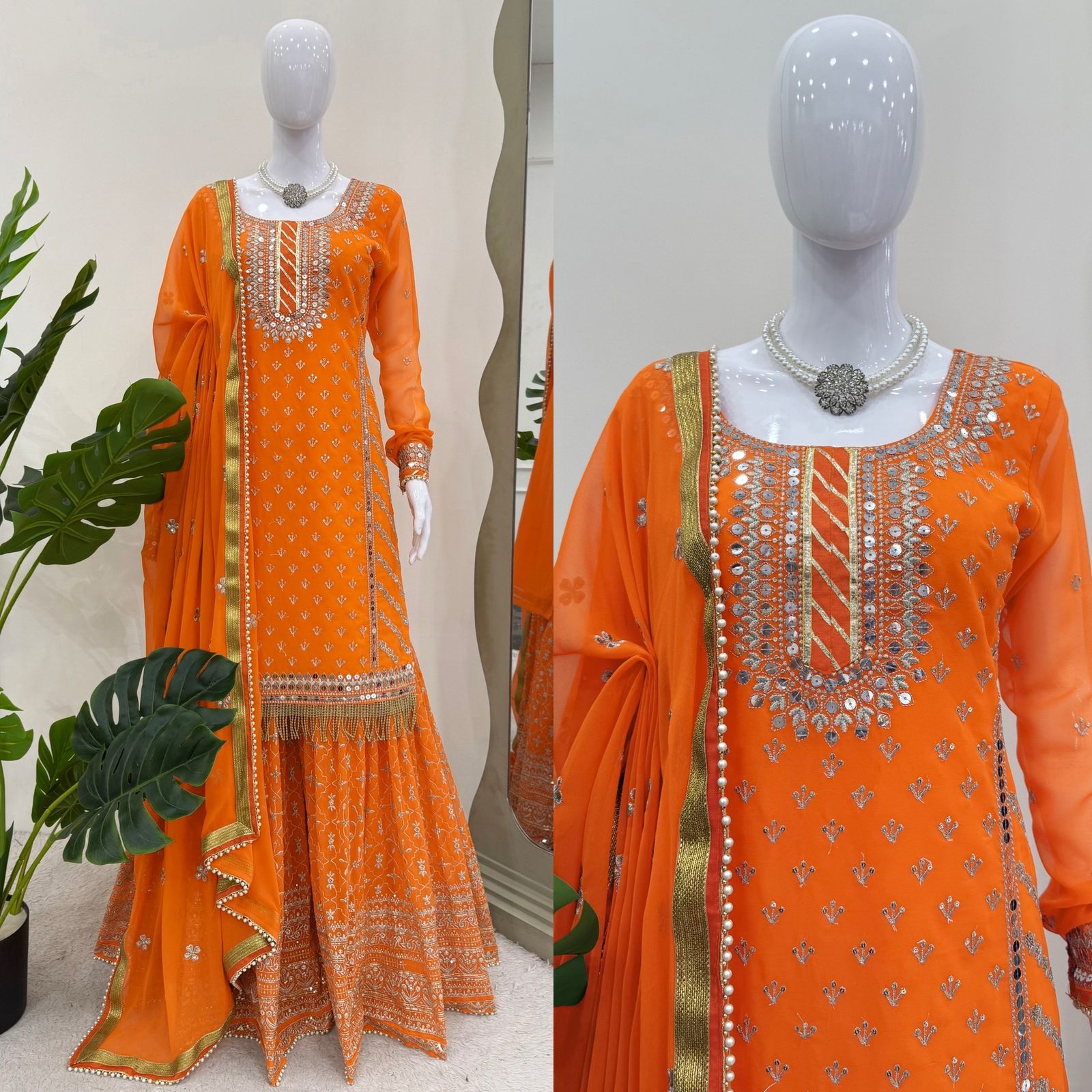Orange Faux Georgette sequins embroidery readymade Sharara suit