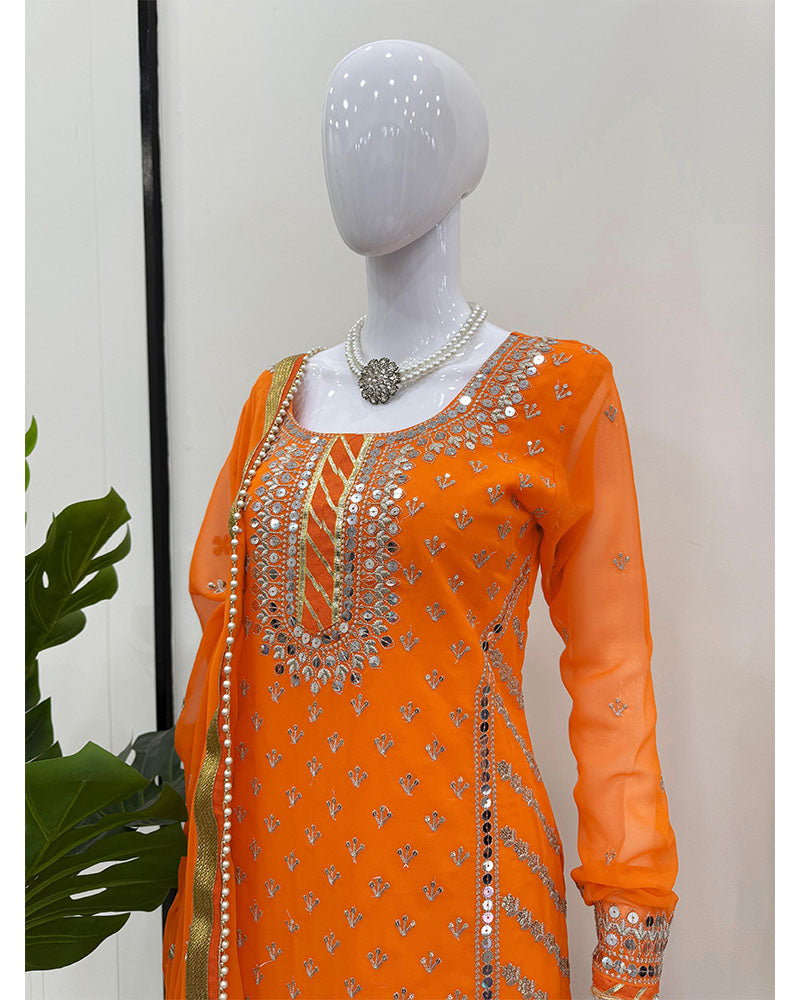 Orange Faux Georgette sequins embroidery readymade Sharara suit