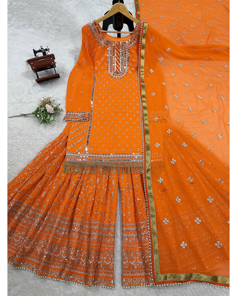 Orange Faux Georgette sequins embroidery readymade Sharara suit