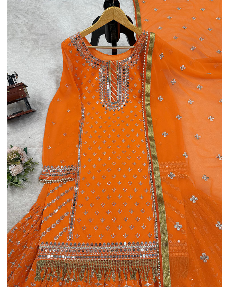 Orange Faux Georgette sequins embroidery readymade Sharara suit