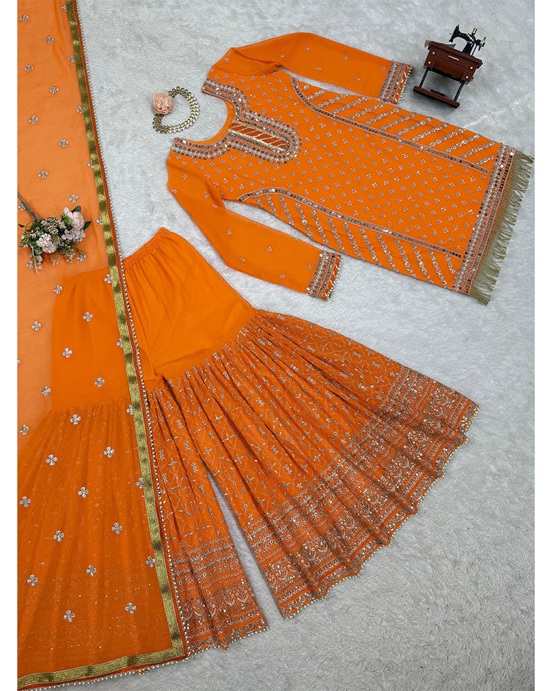 Orange Faux Georgette sequins embroidery readymade Sharara suit