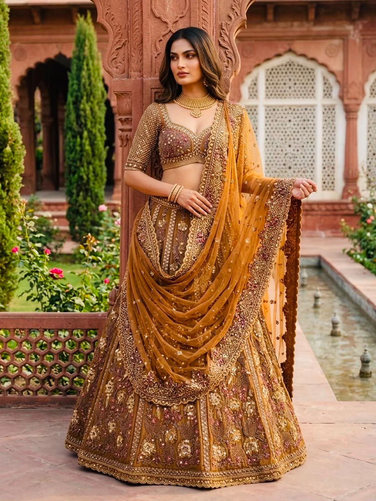 Discover a premium soft net lehenga for women with double sequins, 4.5m grand flare, customizable blouse and matching dupatta, perfect for wedding events.