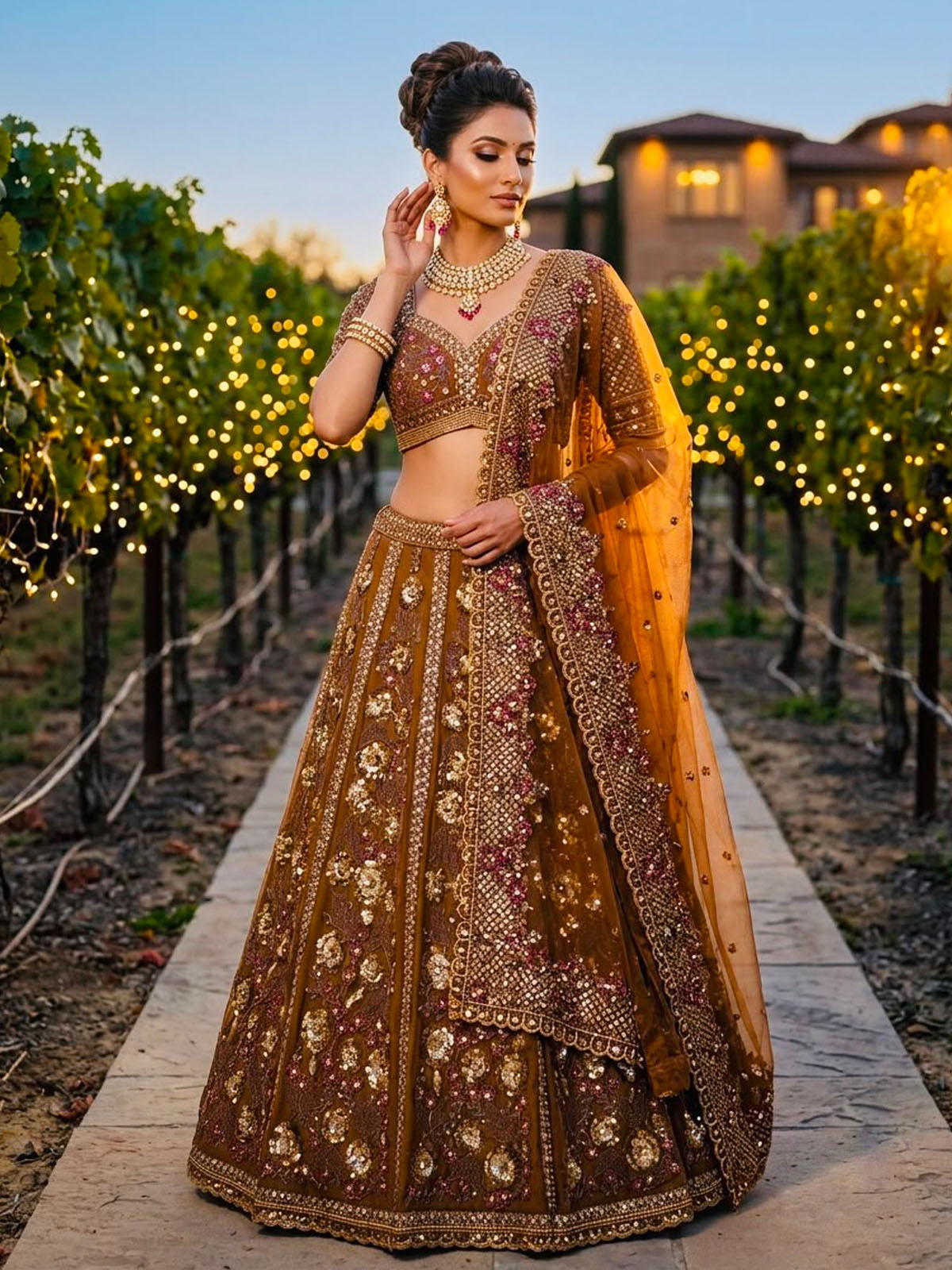 Buy a stylish wedding lehenga choli for women and girls with coding double sequins, 4.5m flare, soft net fabric, customizable choli and matching dupatta.