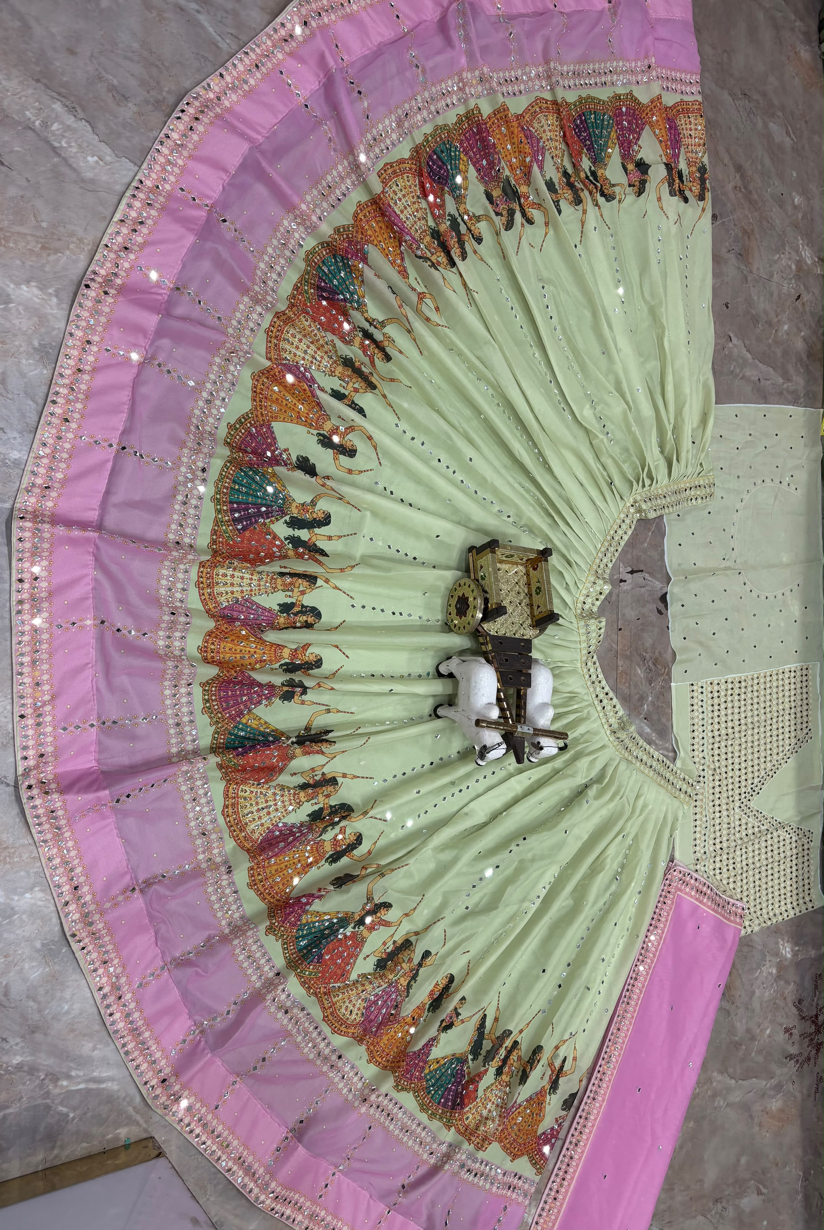Semi-stitched wedding lehenga with real mirror work