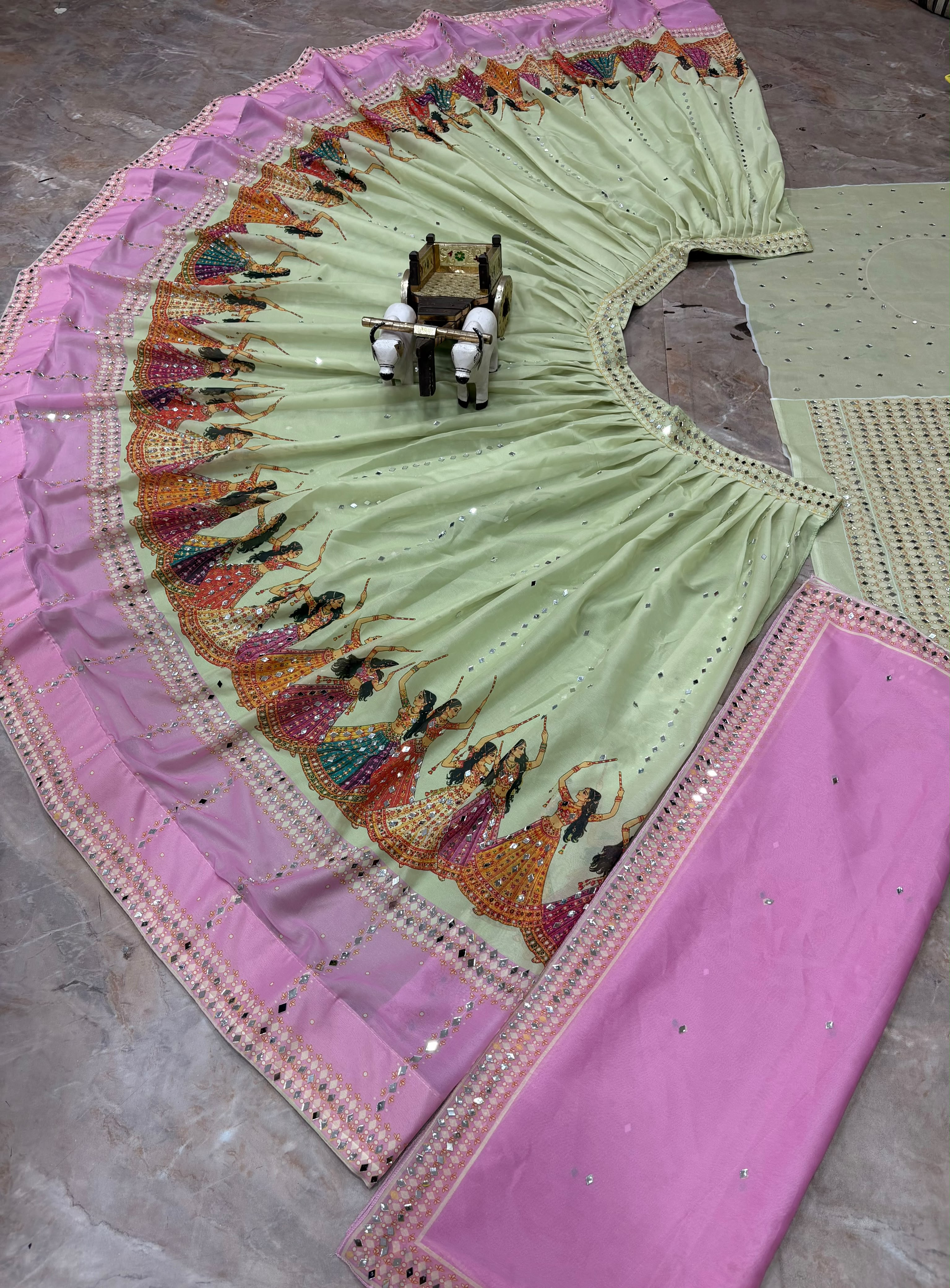 Faux Georgette Mirror Work Lehenga for Women