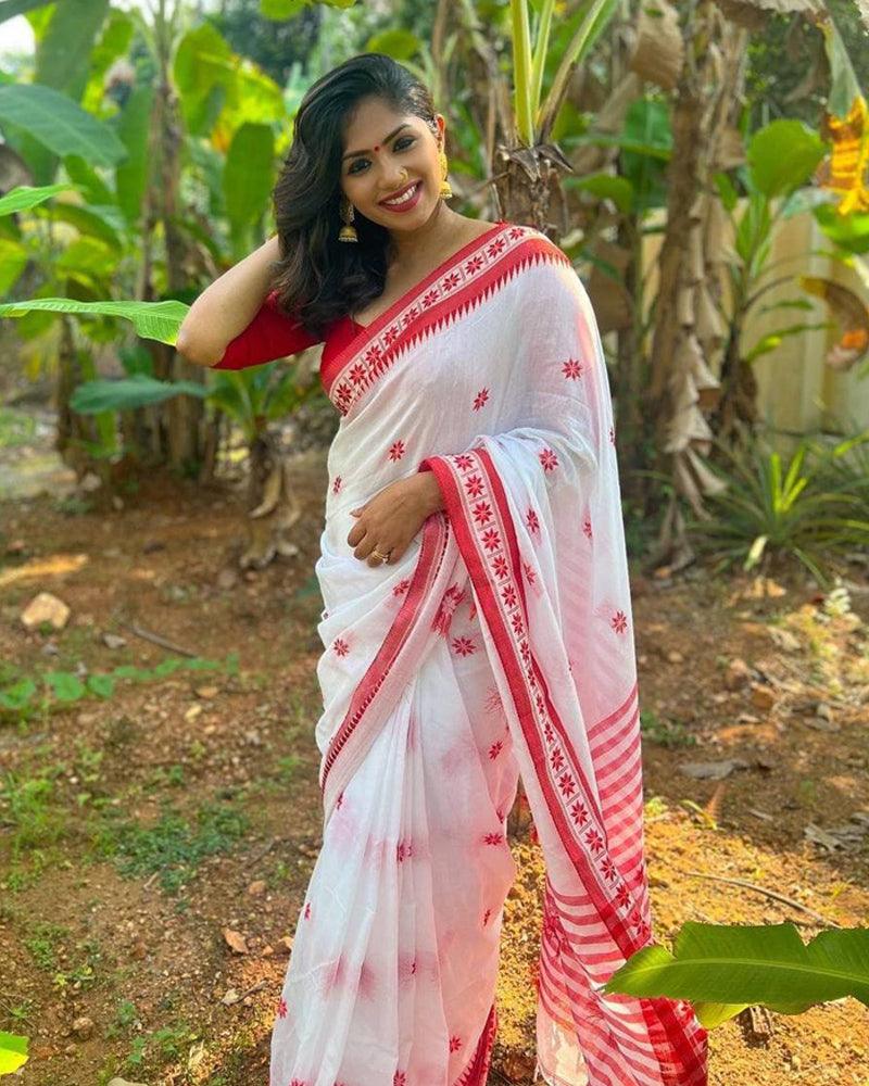 White soft Linen cotton woven saree