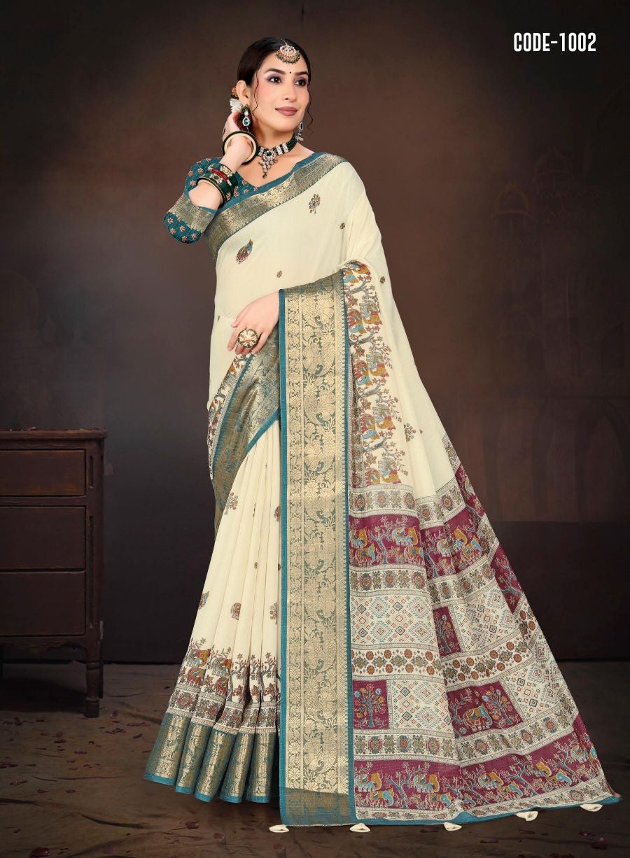 Blue color Madhubani print Cotton saree with blouse for women - 13528