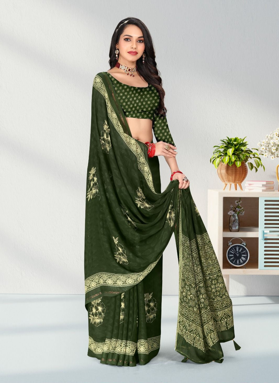 Green color Satin border Jacquard Butta Georgette saree with blouse for women - 13956