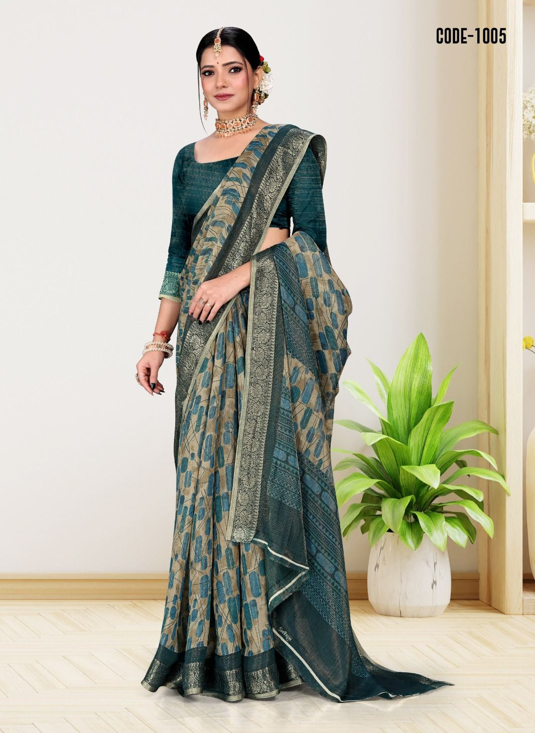 Blue color Weaving zari Jacquard border Cotton saree with blouse for women - 13984