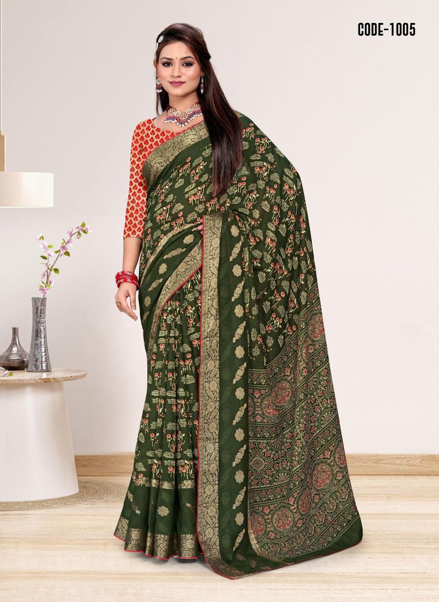 Green color Jacquard Butta Soft cotton saree with blouse for women - 14040