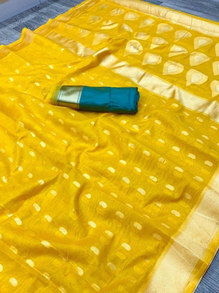 Yellow soft Linen cotton woven saree