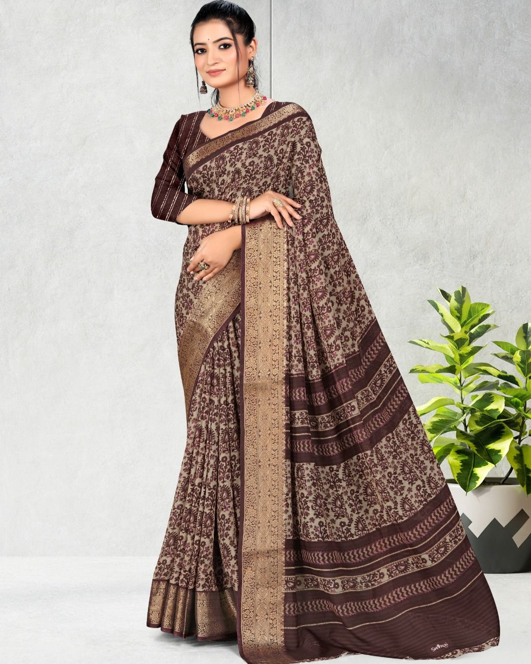 Coffee color Best selling Zari Weaving Jacquard border Soft Cotton saree with blouse for women - 14339