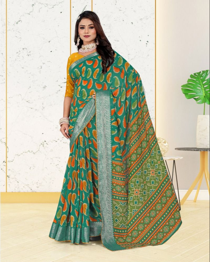 Teal Blue color Jacquard Contrast Piping Border Cotton saree with blouse for women - 14280