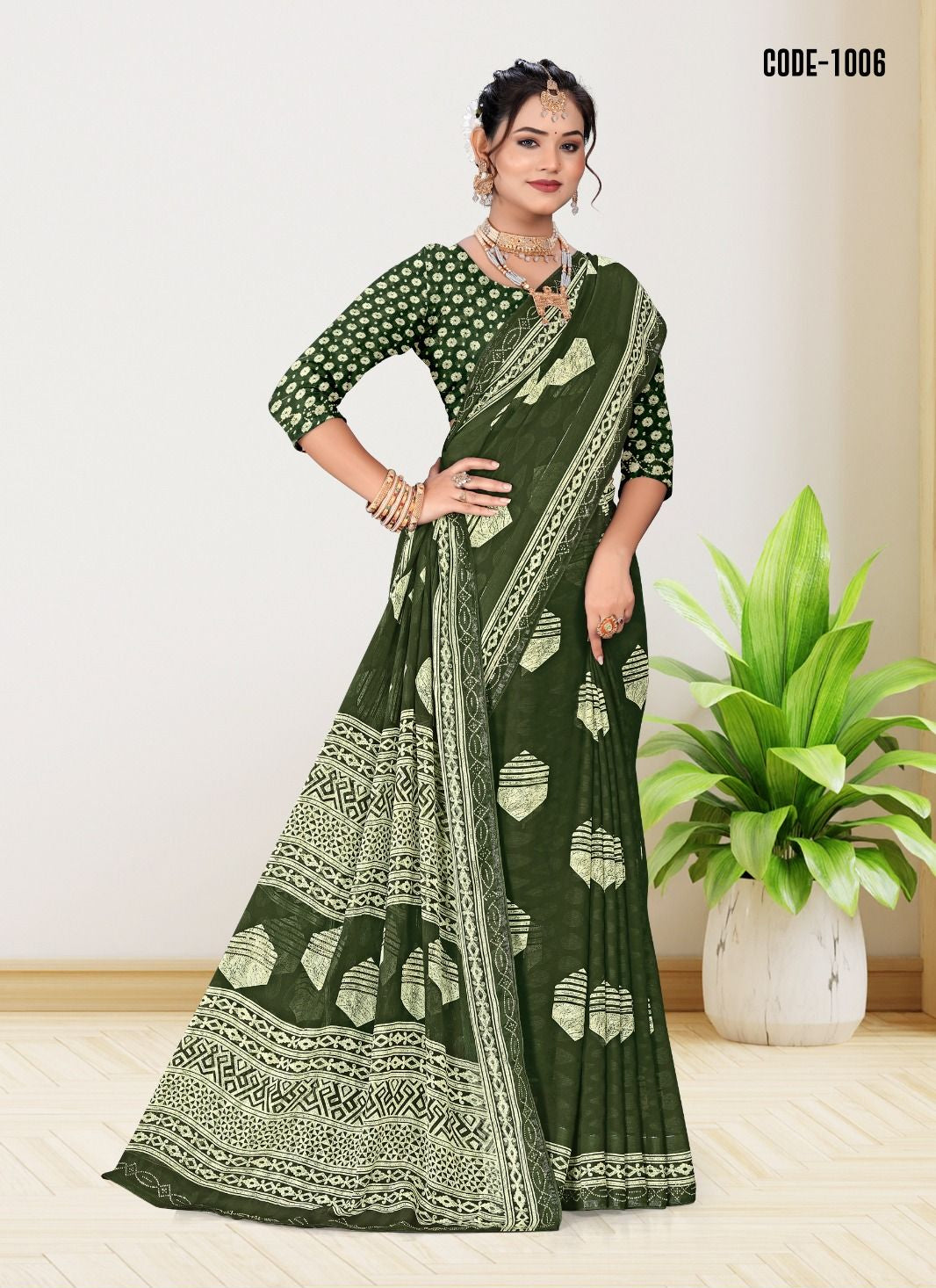 Green color Jacquard Butta woven border Georgette saree with blouse for women - 14298