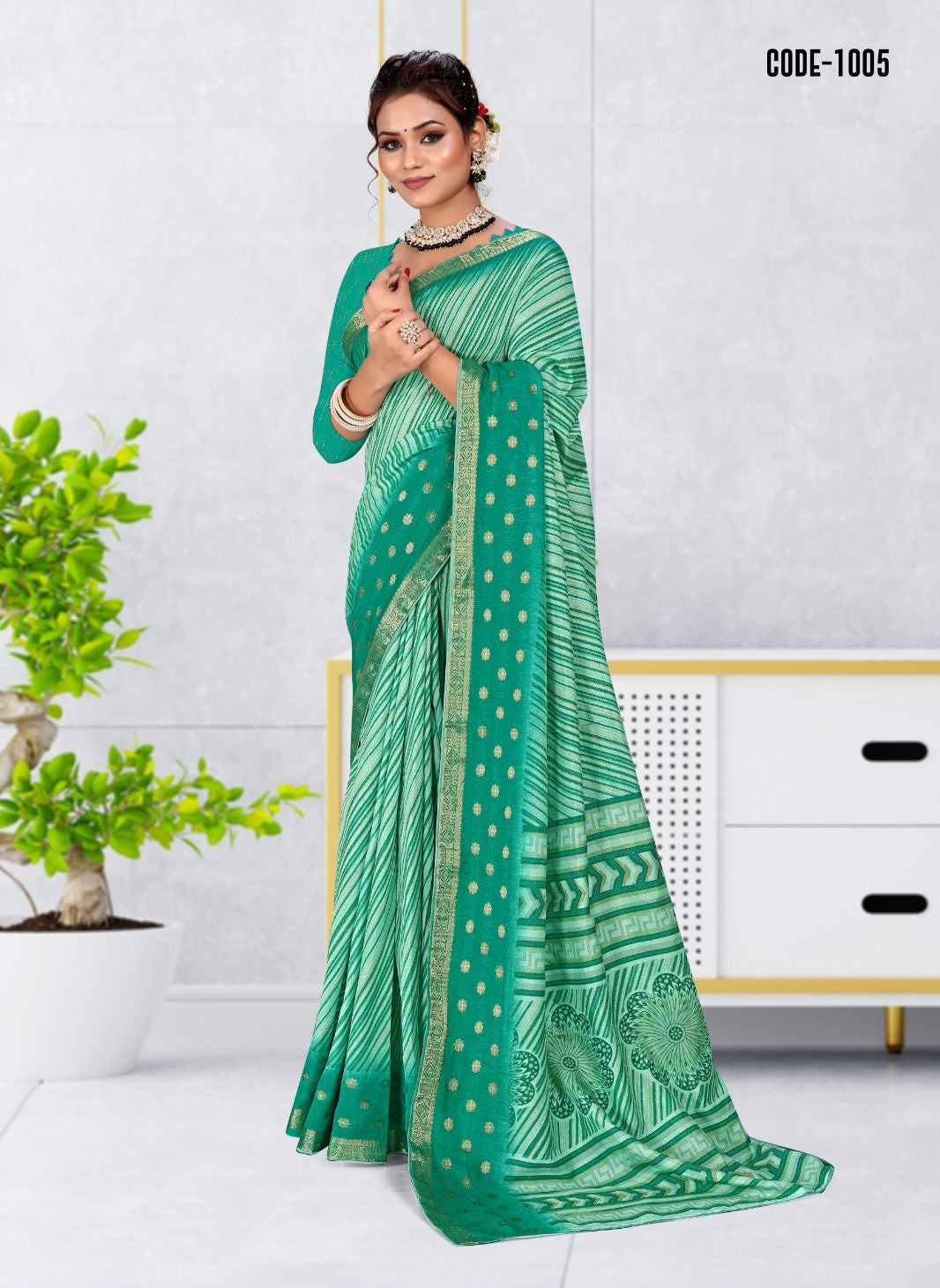 Turquoise color Strip Print Jacquard border Dola Silk saree with blouse for women - 14567