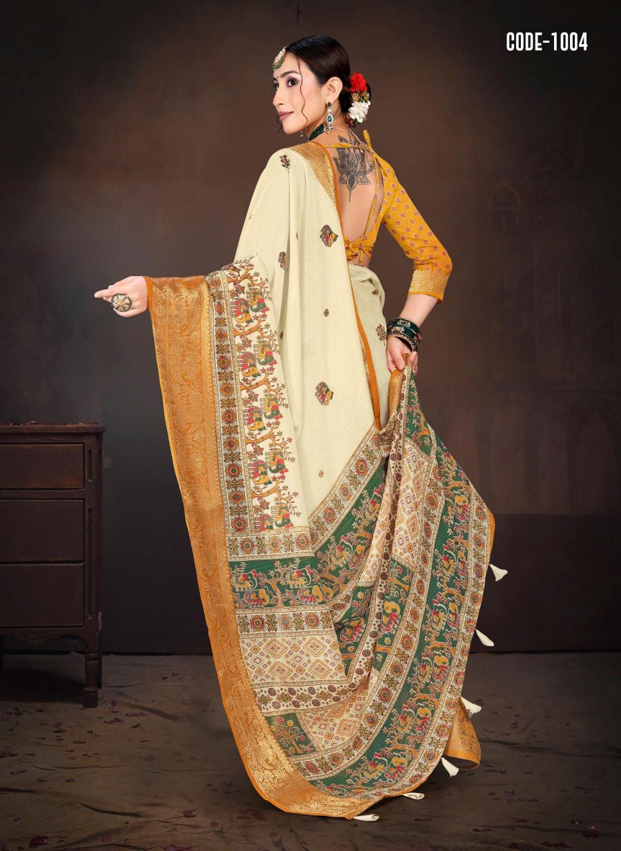 Yellow color Madhubani print Cotton saree with blouse for women - 13530