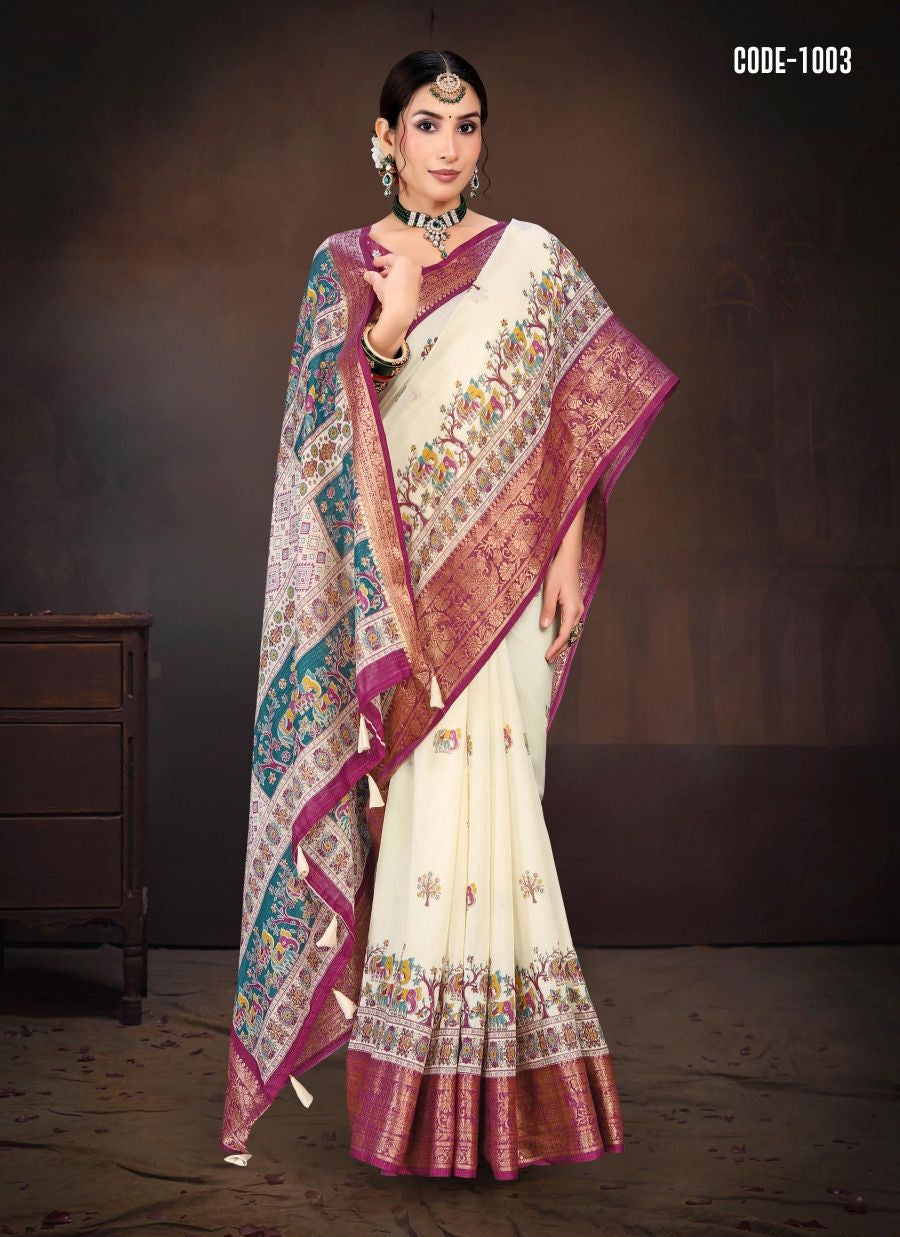 Purple color Madhubani print Cotton saree with blouse for women - 13529