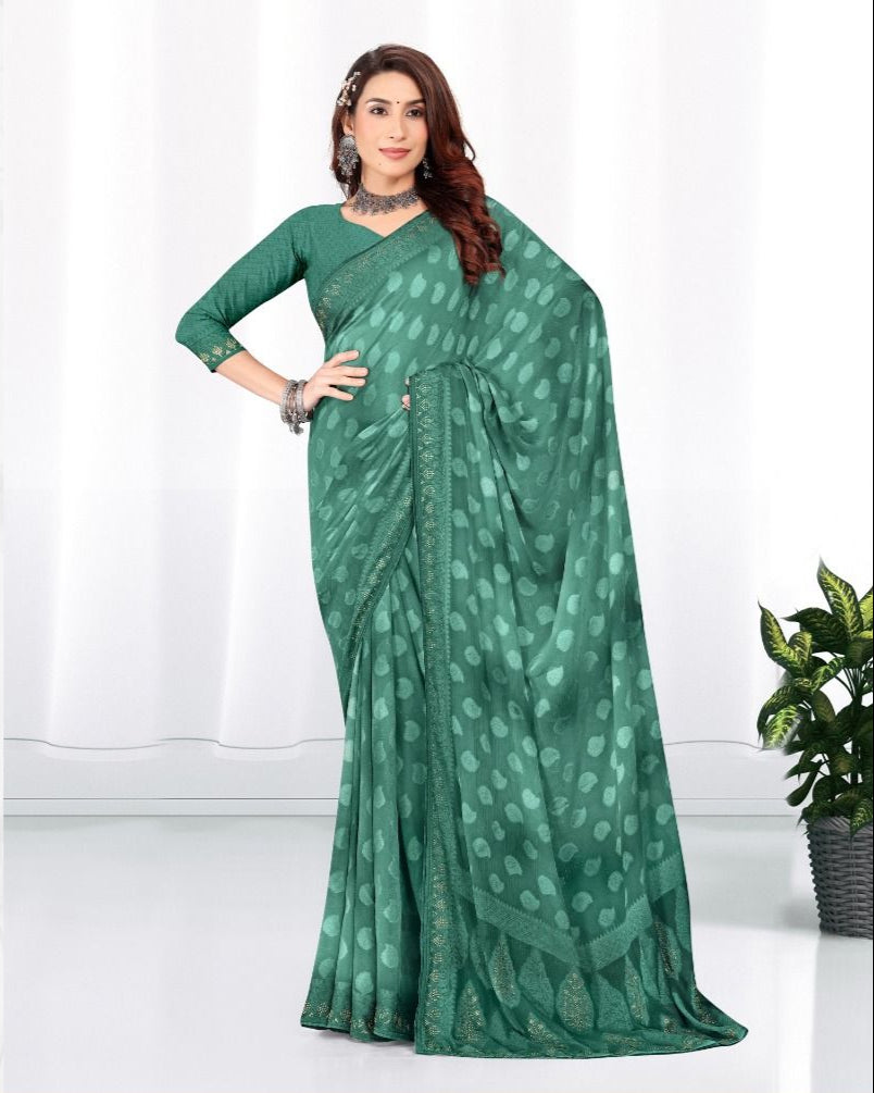 Sea Green color Georgette Diamond work Brasso cut Swarovski saree with blouse for women - 14025