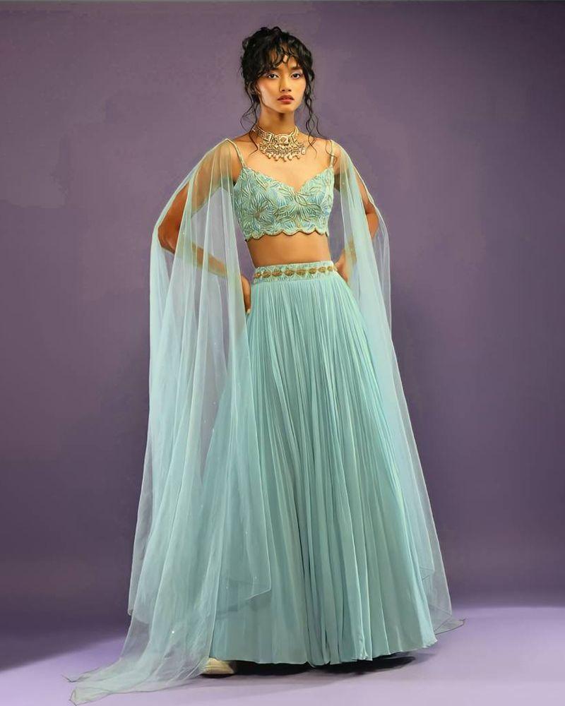 Turquoise color faux georgette crushed lehenga choli Trends for