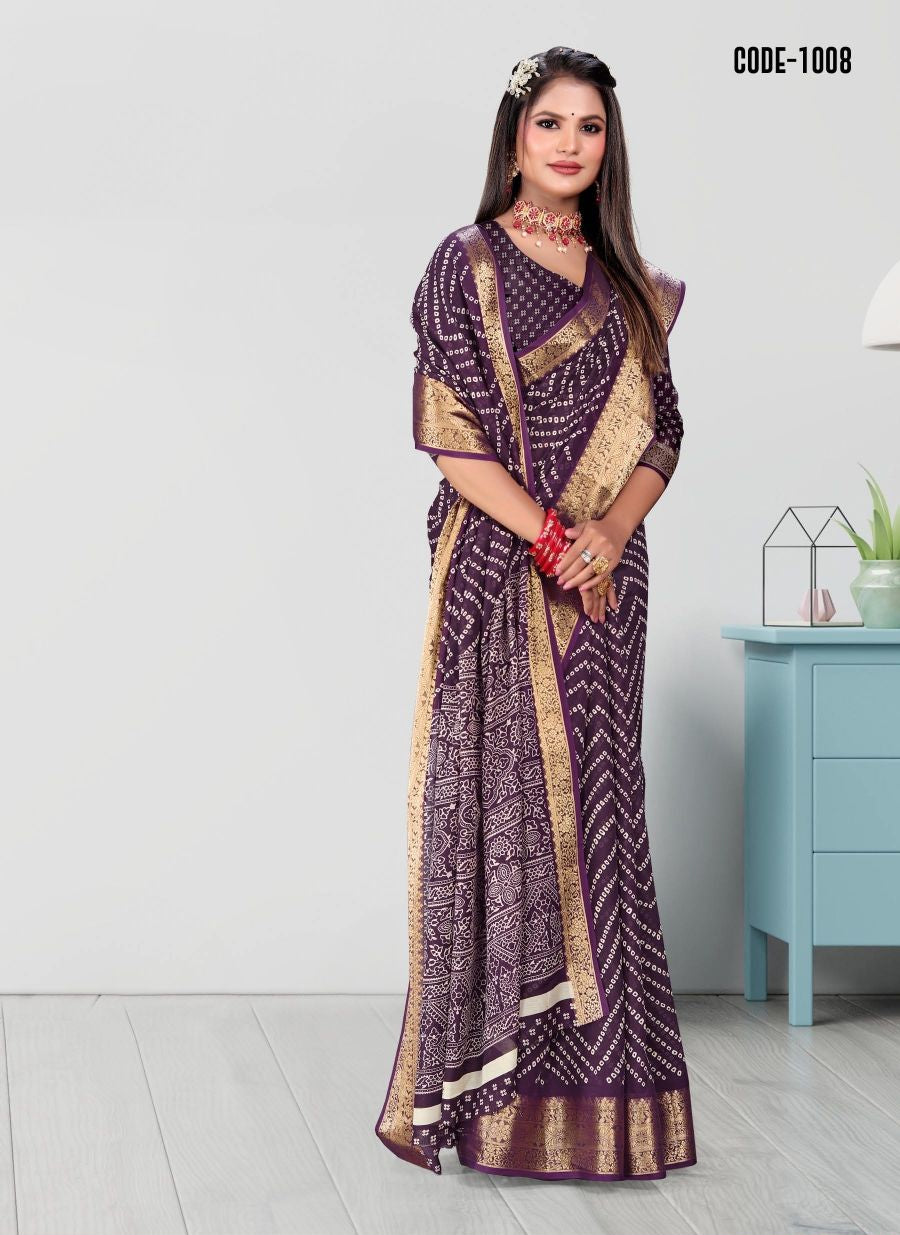 Blackberry color Laheriya print Zari border Soft cotton saree with blouse for women - 14314