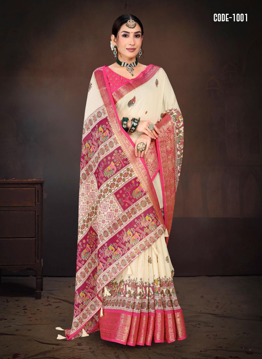 Pink color Tradional Madhubani print Cotton saree with blouse for indian women - 13527