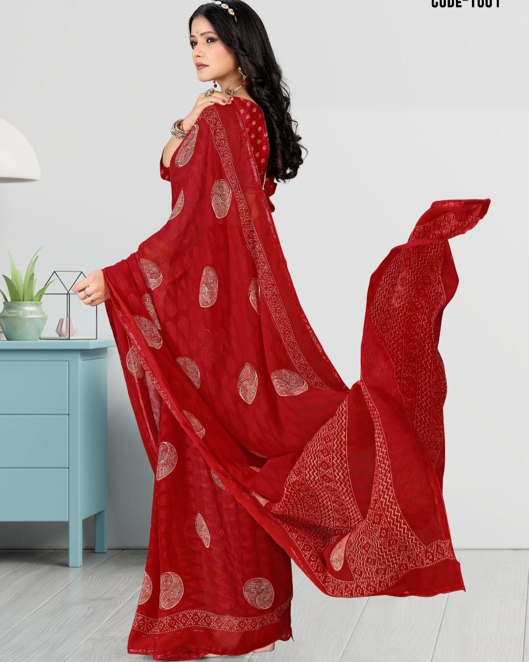 Red color Jacquard Butta Woven Georgette saree with blouse for women - 13959
