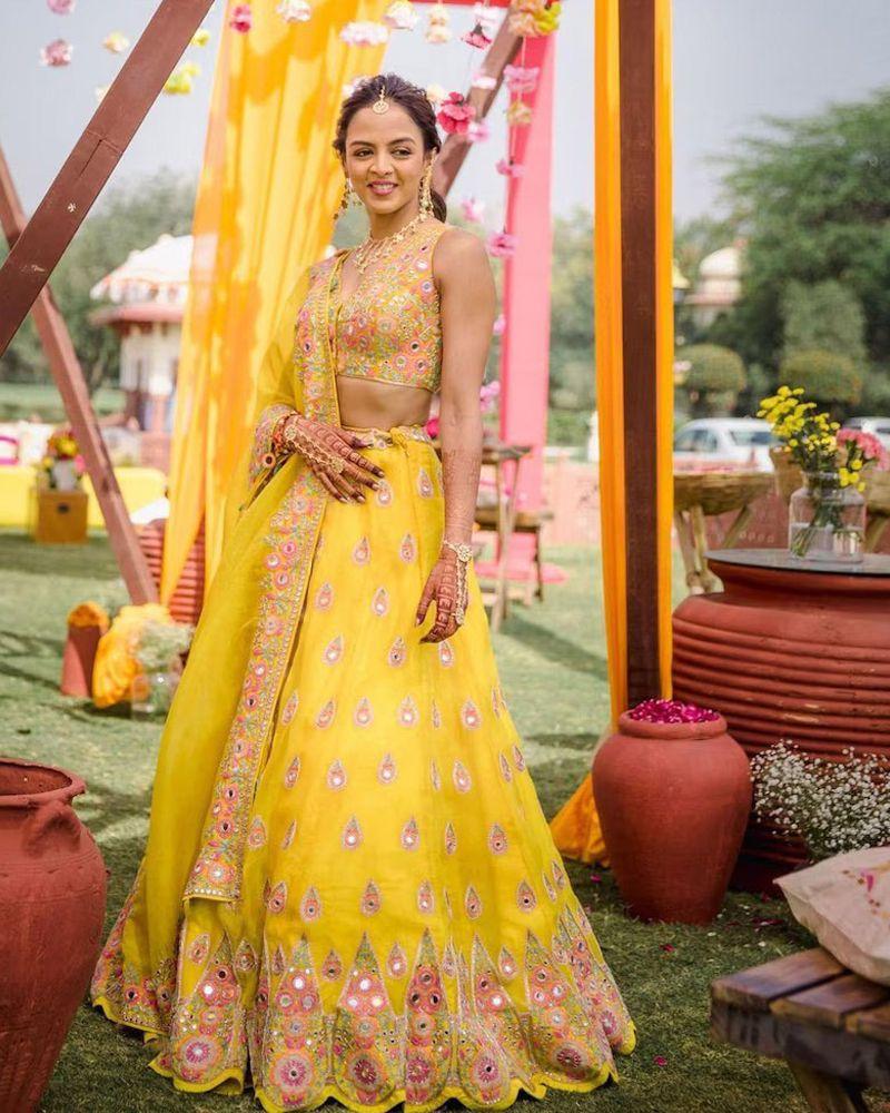 Yellow Georgette Mirror Embroidery Work Lehenga Choli: Ethnic