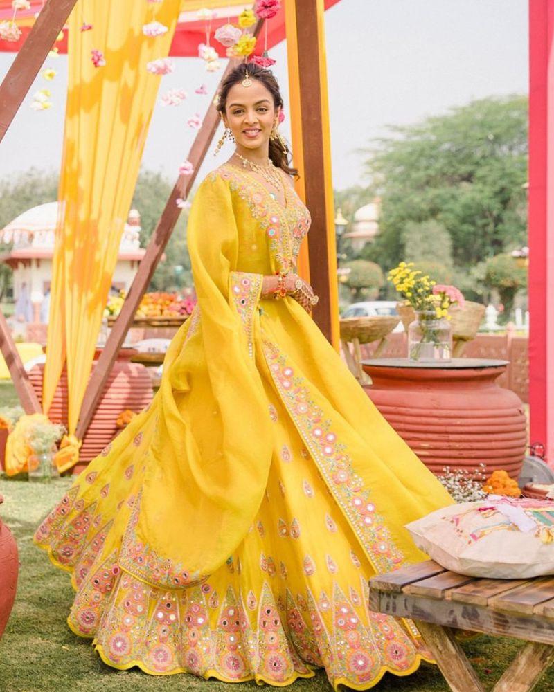 Yellow Georgette Mirror Embroidery Work Lehenga Choli: Ethnic