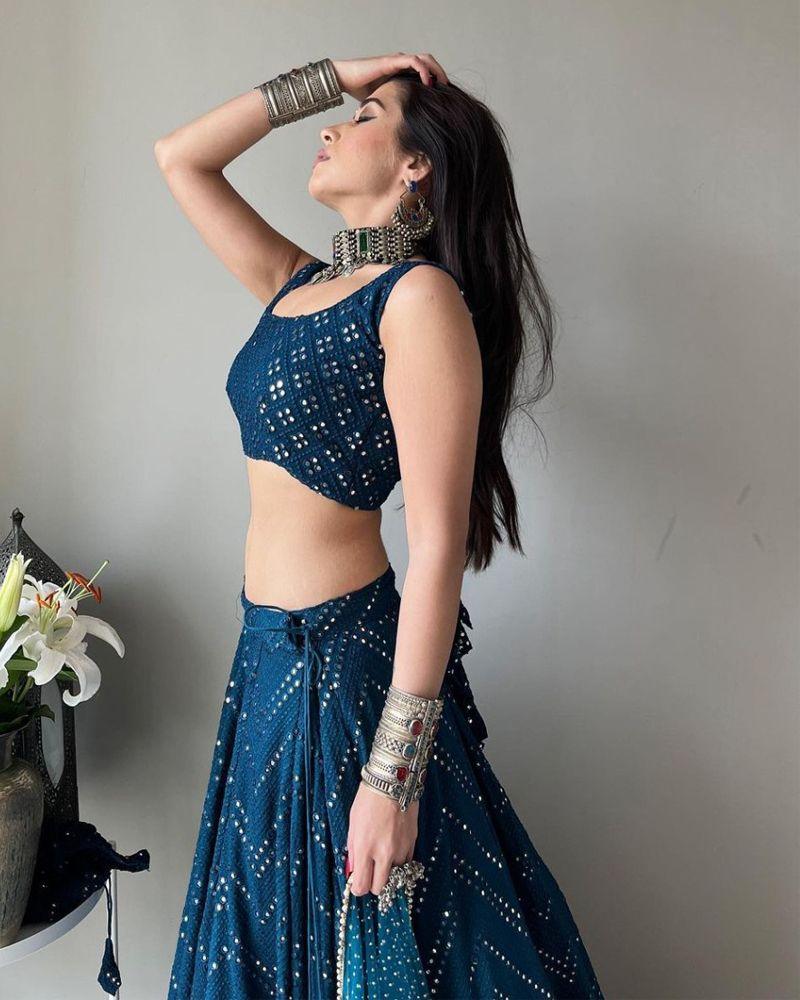 Blue Colored Faux Georgette Sequence Work Lehenga Choli Styles for