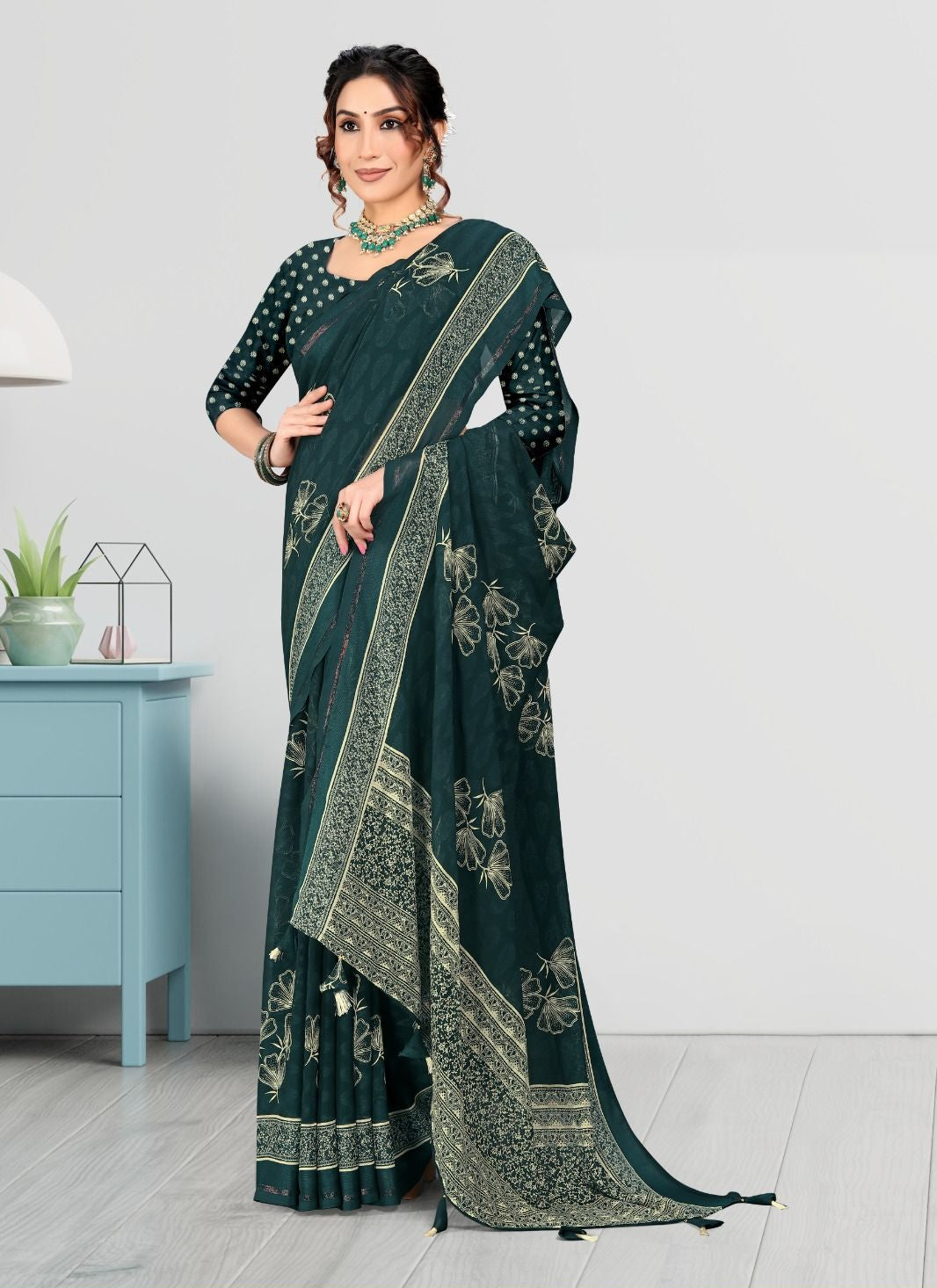 Blue color Jacquard Butta Satin border Georgette saree with blouse for women - 13944