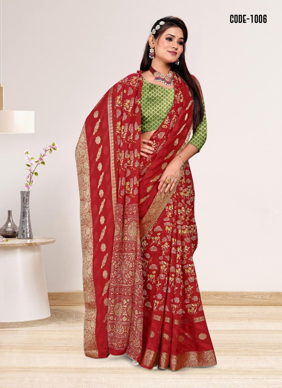Red color Jacquard Butta Soft cotton saree with blouse for women - 14041