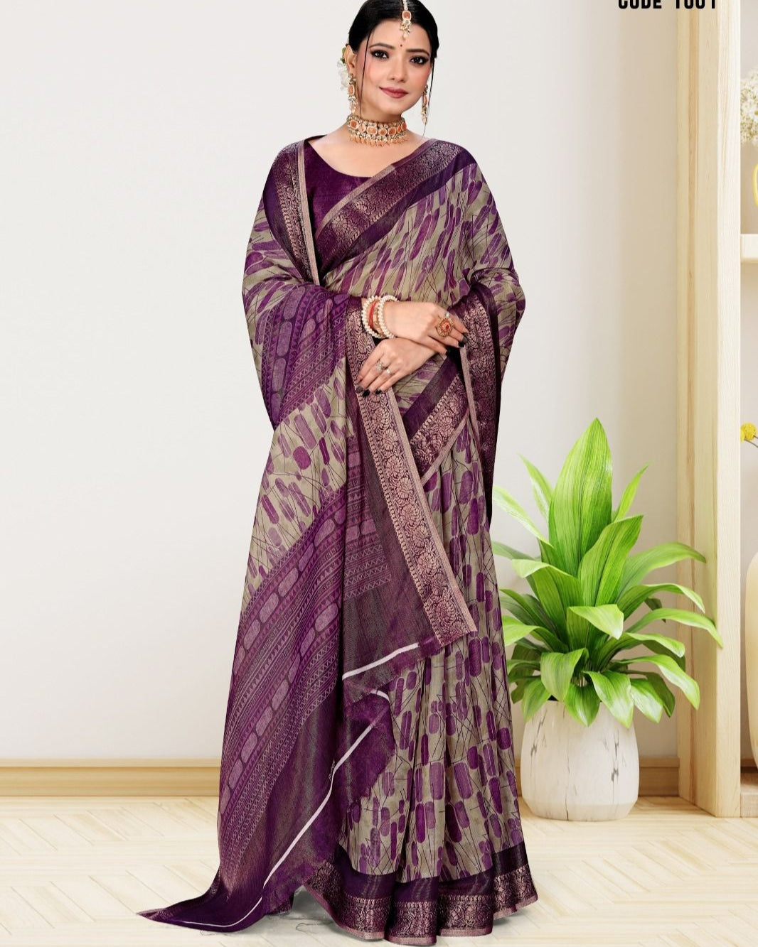 Purple color Weaving zari Jacquard border Cotton saree with blouse for women - 13980