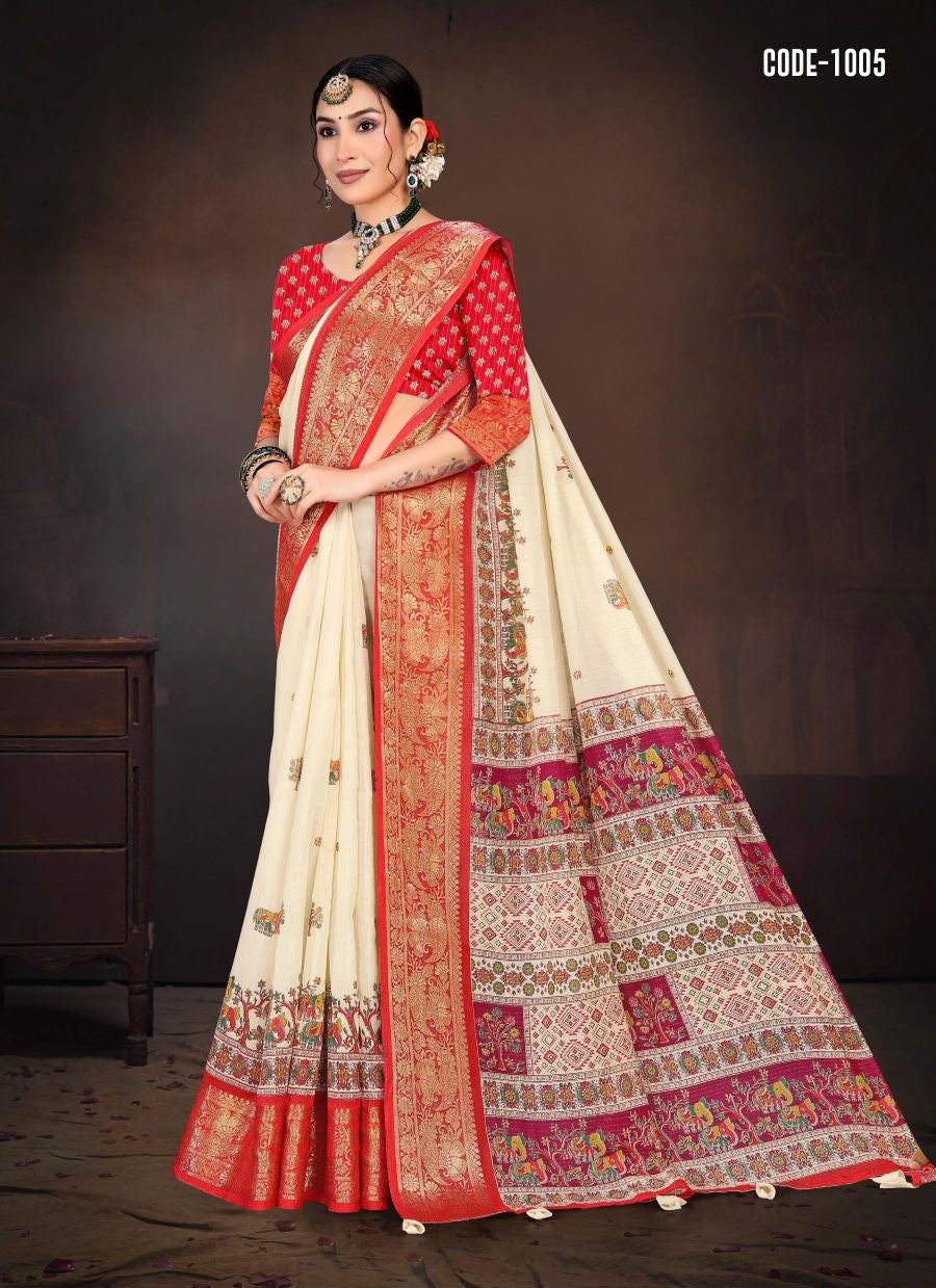 Red color Madhubani print Cotton saree with blouse for women - 13531