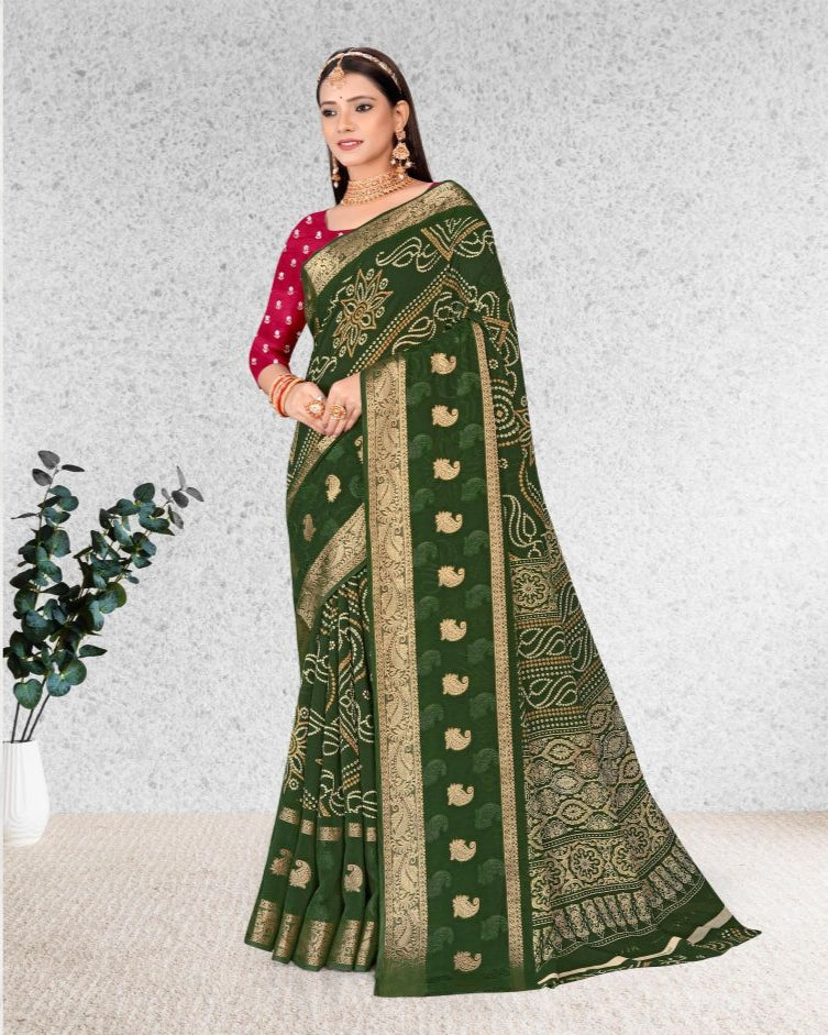Green color Bandhani Print Jacquard border Cotton saree with blouse for women - 14270
