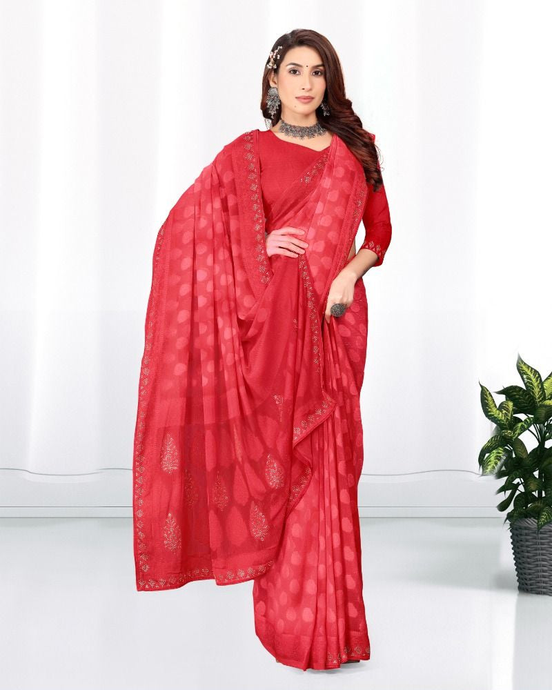 Red color Georgette Diamond work Brasso cut siroski saree with blouse for women - 14016