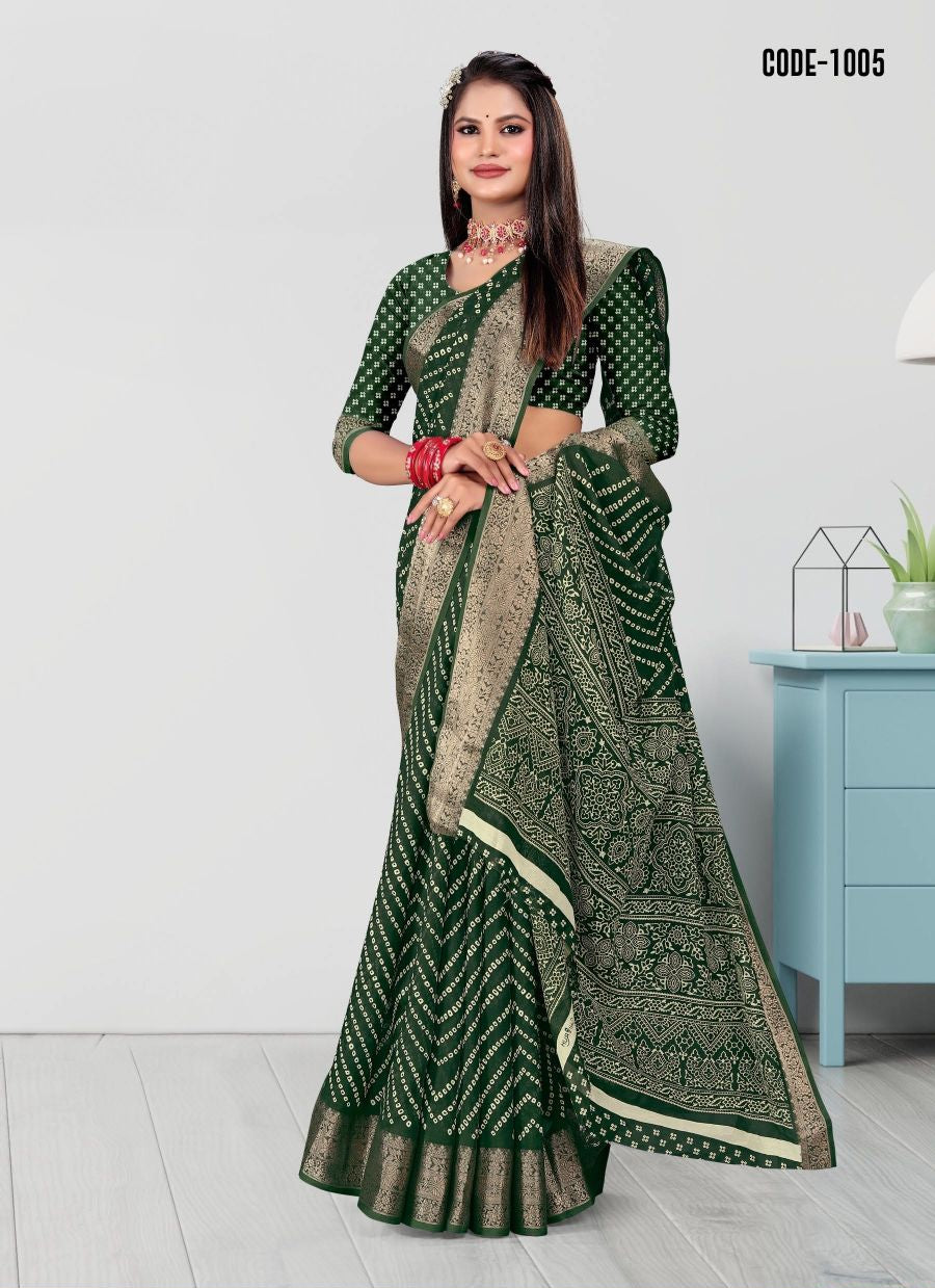 Green color Laheriya print Zari border Soft cotton saree with blouse for women - 14311