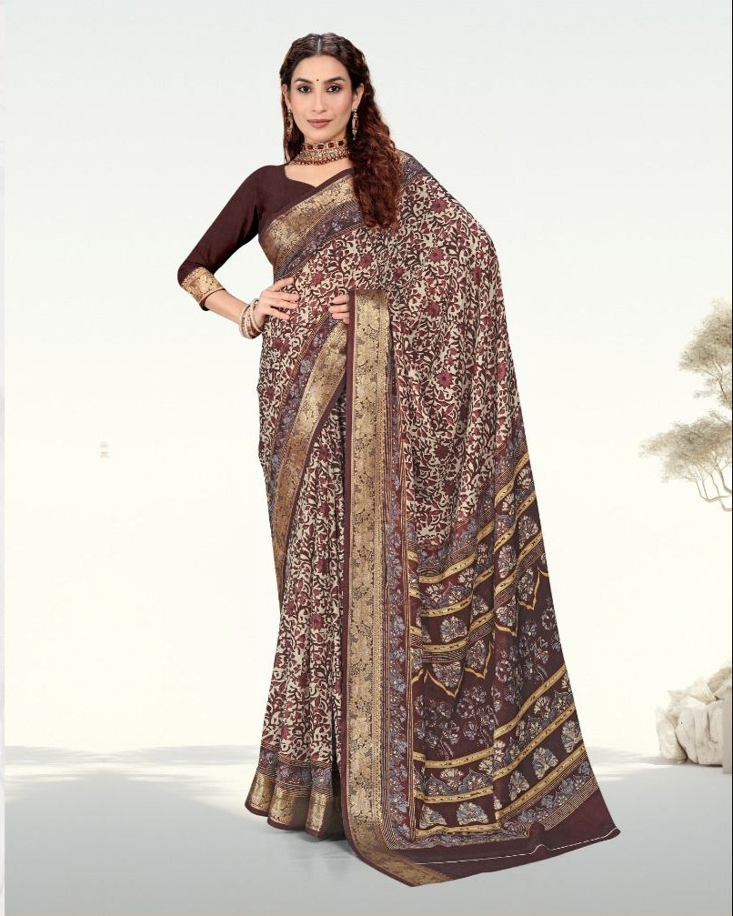 Coffee color Botanical Print Jacquard border Cotton saree with blouse for women - 13939
