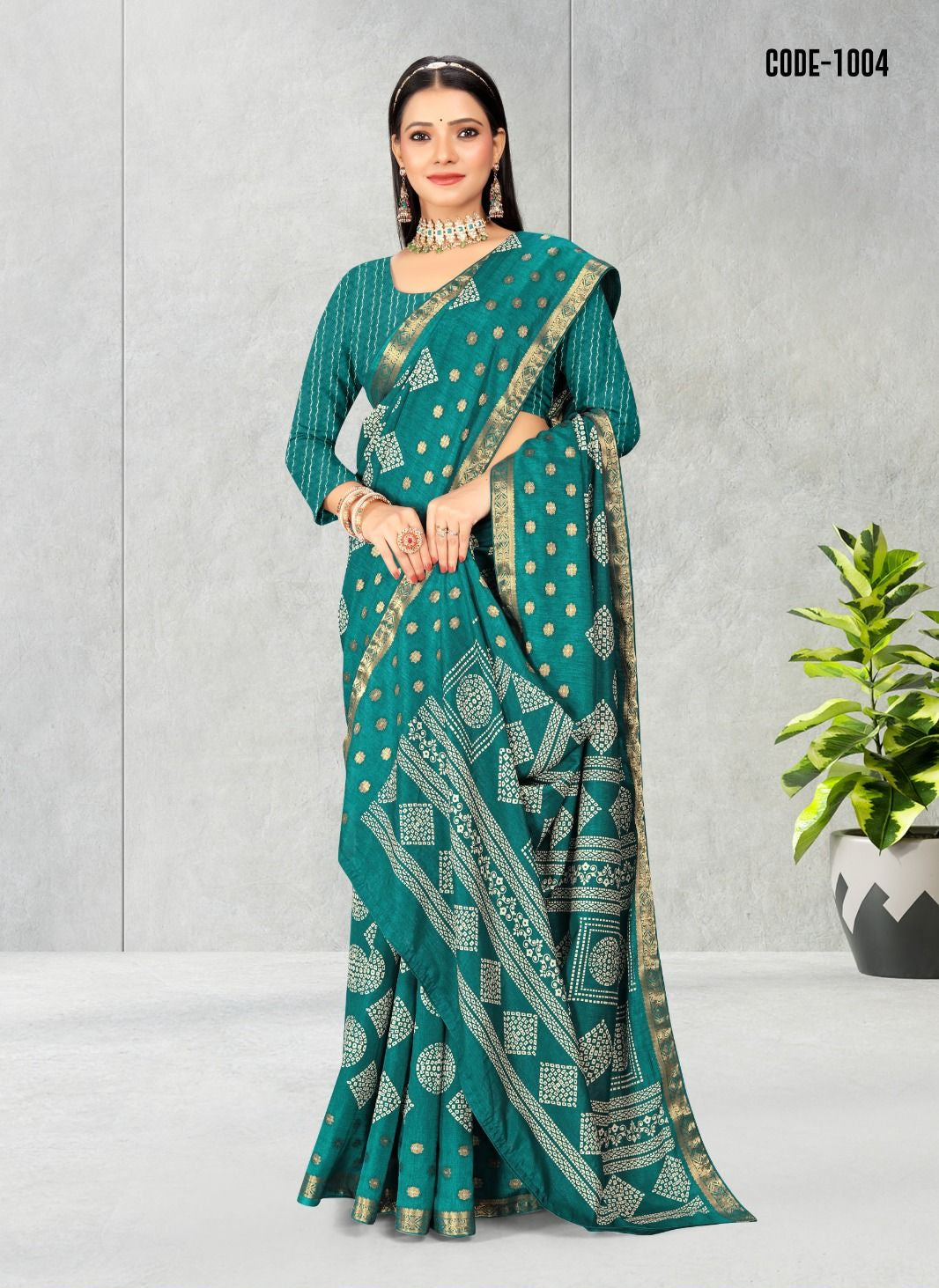 Firozi color Geometric Print Jacquard border Dola Silk saree with blouse for women - 14574