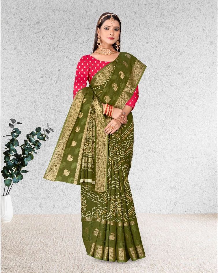 Mehendi Green color Bandhani Print Jacquard border Cotton saree with blouse for women - 14268