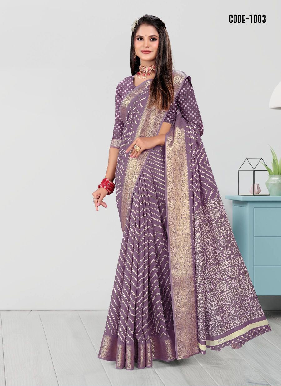Lavender color Laheriya print Zari border Soft cotton saree with blouse for women - 14309