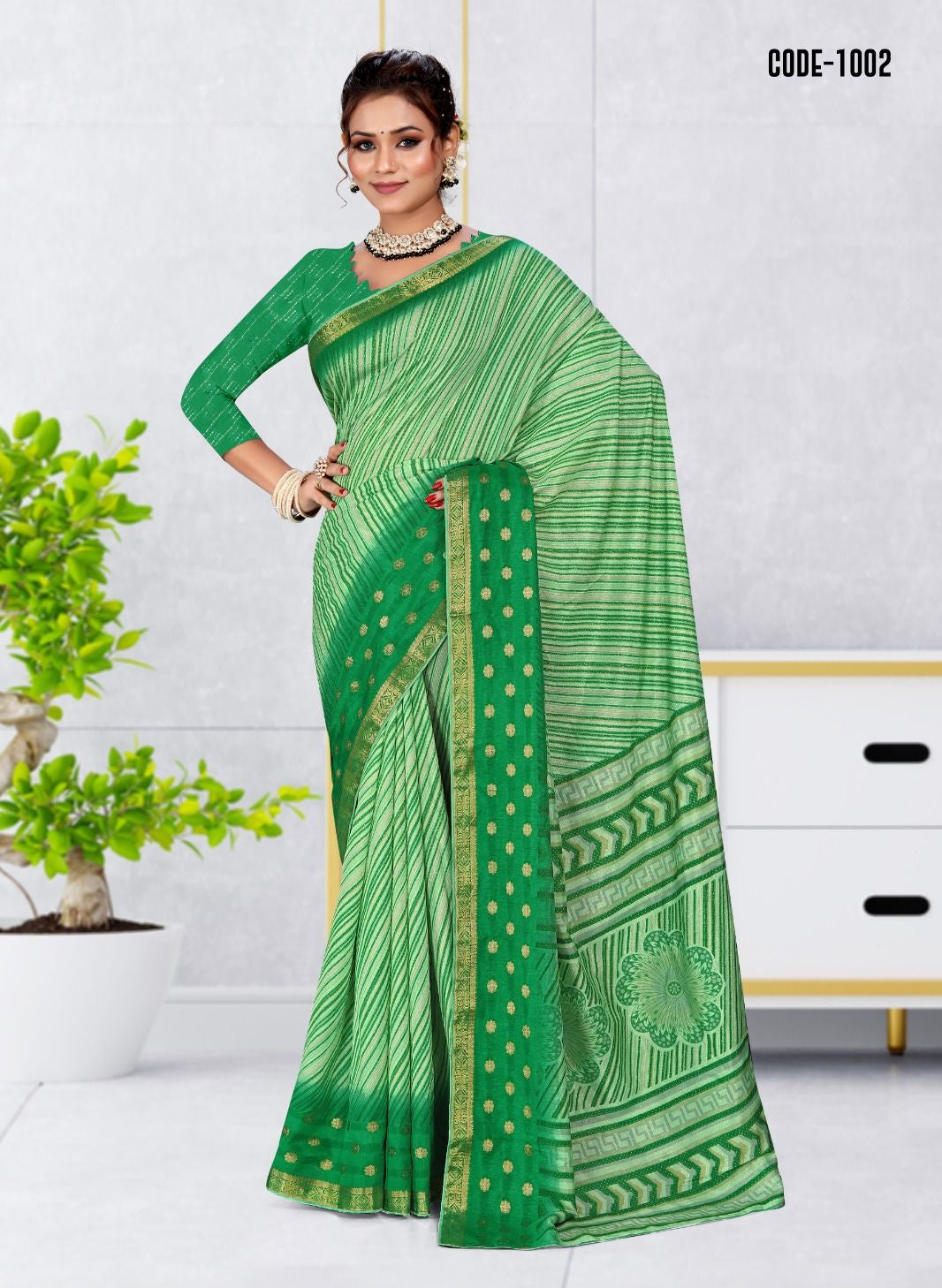 Green color Strip Print Jacquard border Dola Silk saree with blouse for women - 14564