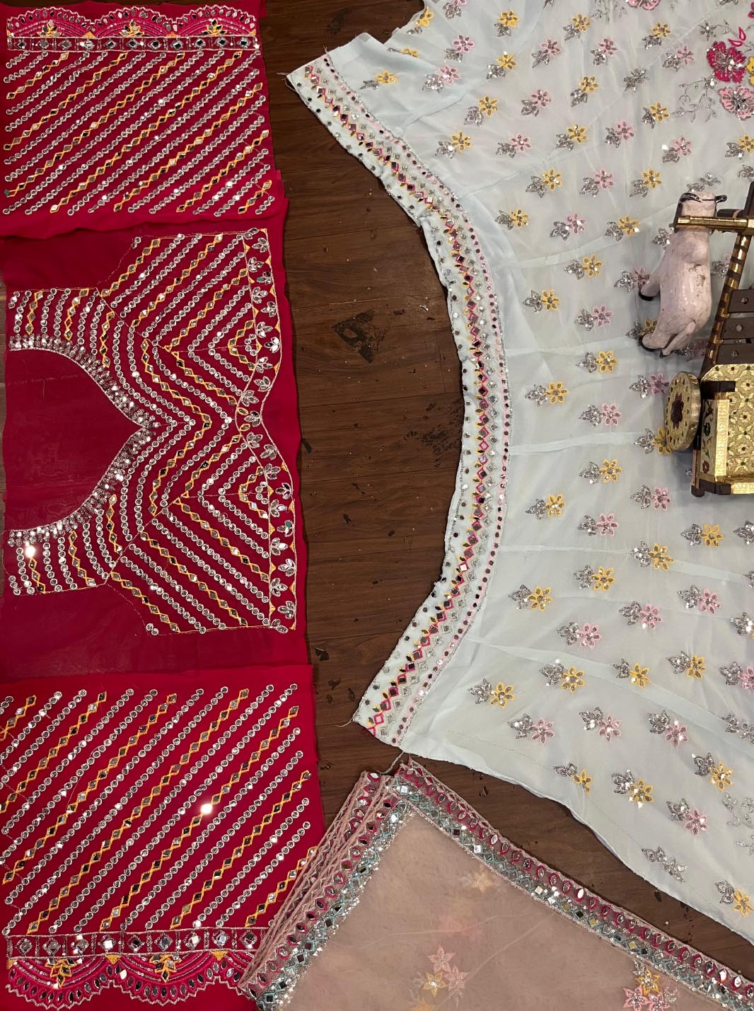 Explore wedding lehenga choli with real mirror embroidery & sequins. Georgette lehenga set for women & girls designed by FEALDEAL for luxury & comfort.