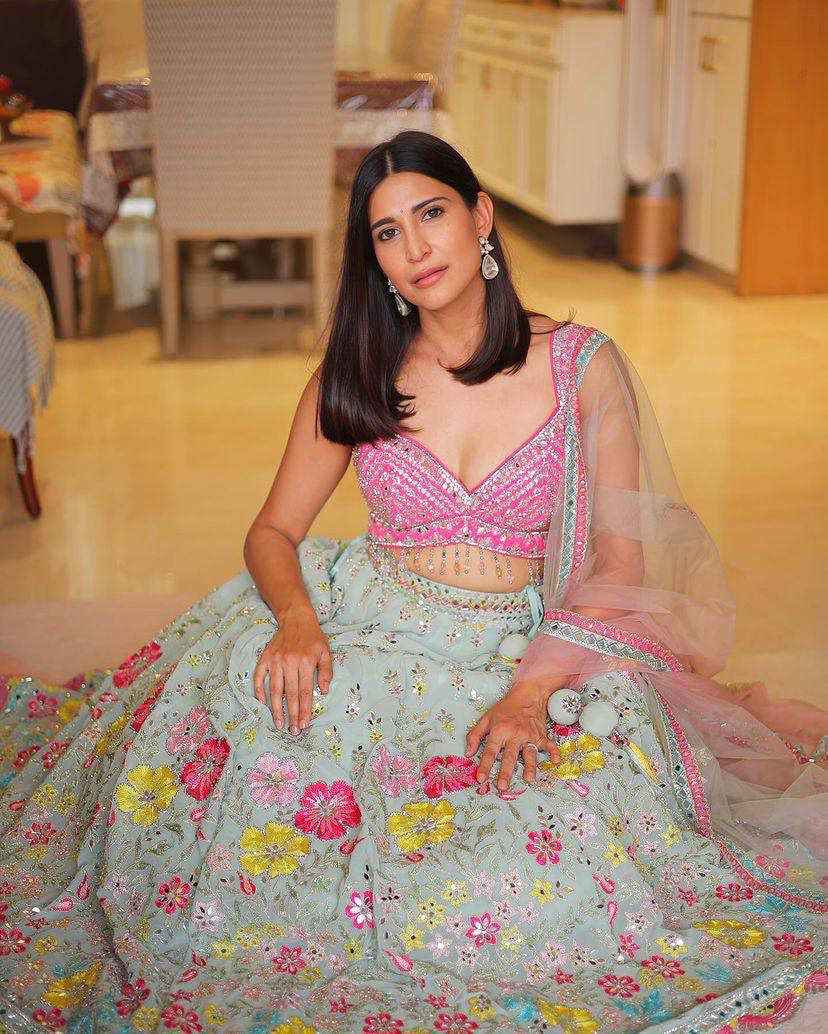 FEALDEAL presents elegant mirror sequins lehenga dress with blouse & dupatta. Stylish lehenga for women weddings, receptions & parties.