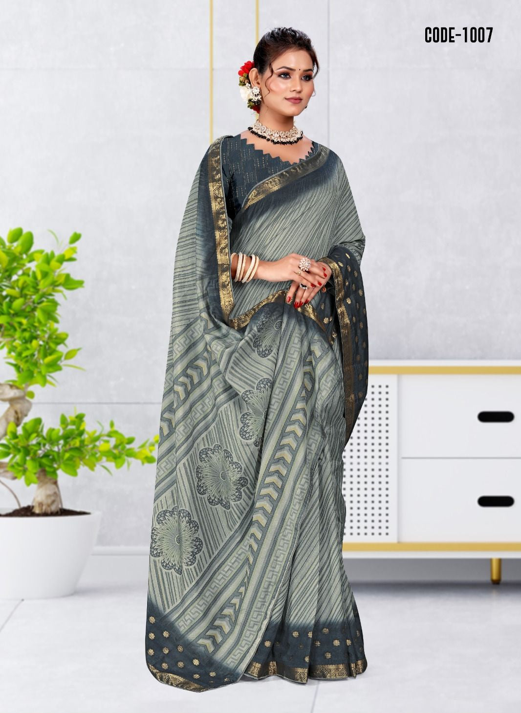 Charcoal Grey color Strip Print Jacquard border Dola Silk saree with blouse for women - 14569