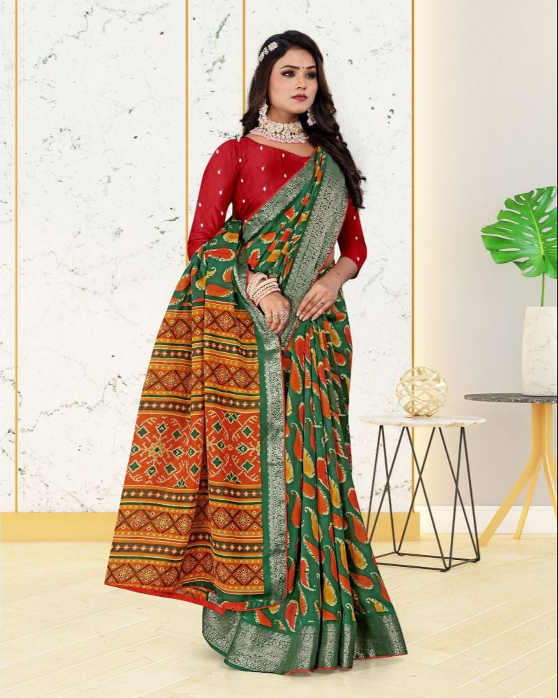 Green color Jacquard Contrast Piping Border Cotton saree with blouse for women - 14283