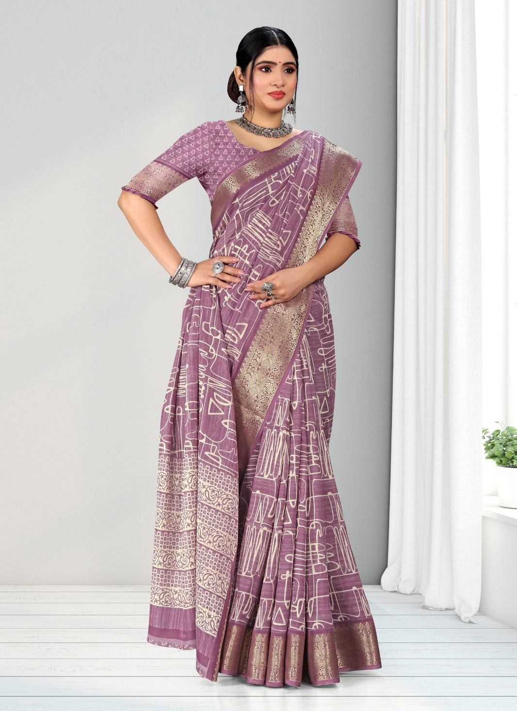 Lavender color Geometric Print Zari border Soft cotton saree with blouse for women - 14299
