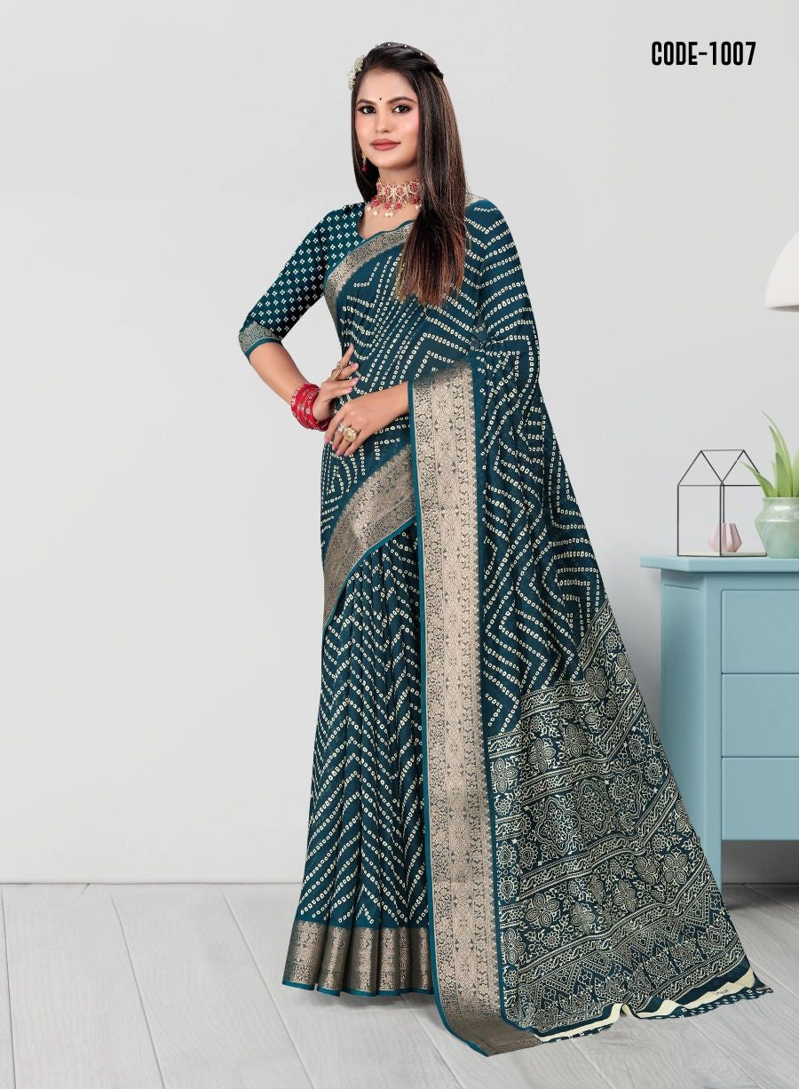 Blue color Laheriya print Zari border Soft cotton saree with blouse for women - 14313