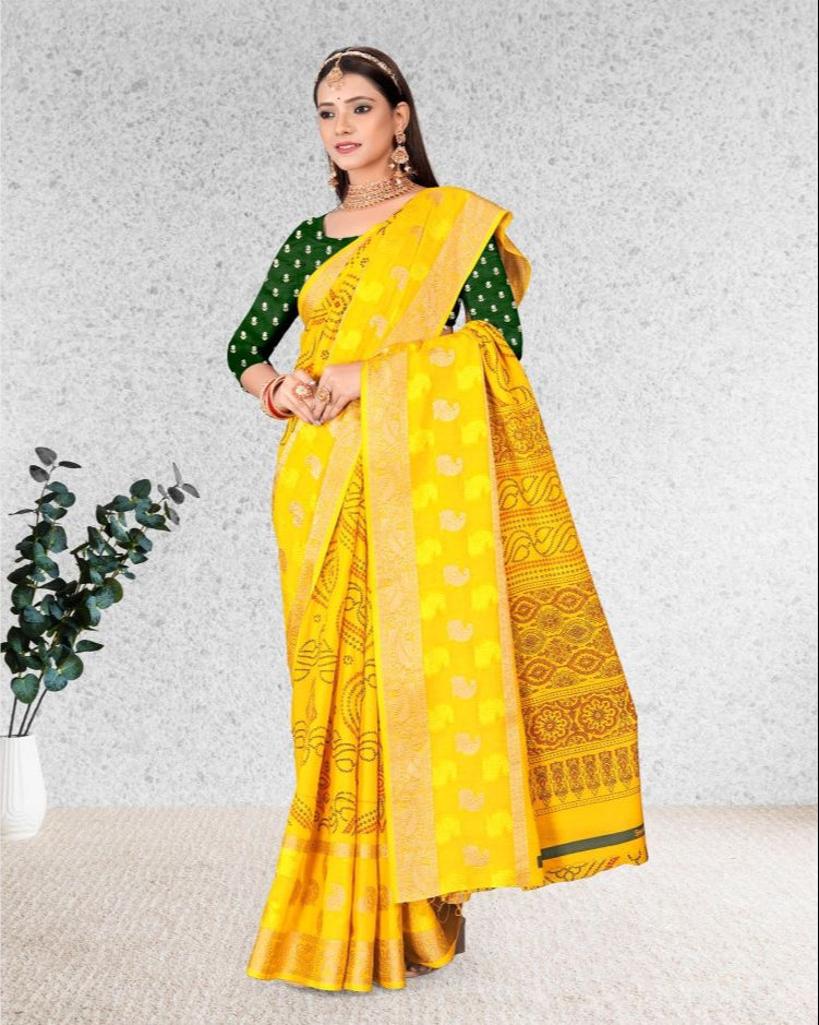 Yellow color Bandhani Print Jacquard border Cotton saree with blouse for women - 14267