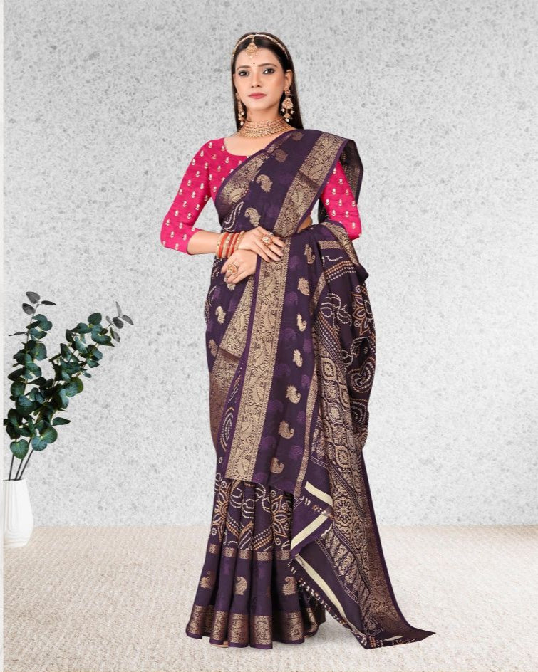 Blackberry color Bandhani Print Jacquard border Cotton saree with blouse for women - 14271